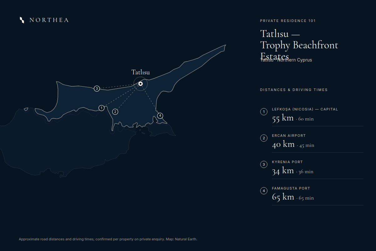 PRIVATE RESIDENCE 101 — distances to Lefkoşa, Ercan Airport, Kyrenia Port and Famagusta Port