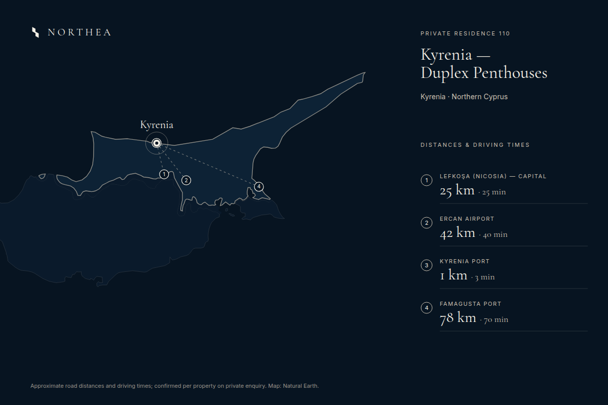 PRIVATE RESIDENCE 110 — distances to Lefkoşa, Ercan Airport, Kyrenia Port and Famagusta Port