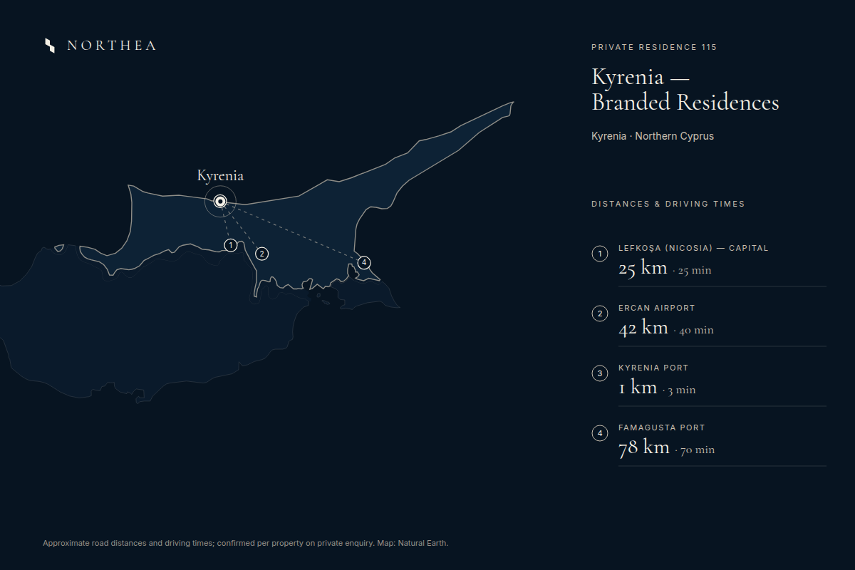 PRIVATE RESIDENCE 115 — distances to Lefkoşa, Ercan Airport, Kyrenia Port and Famagusta Port
